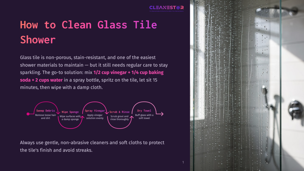 Clean Shower Glass Tile With Condensation, Text Overlay: &Quot;How To Clean Glass Tile Shower&Quot; And Cleaning Steps.
