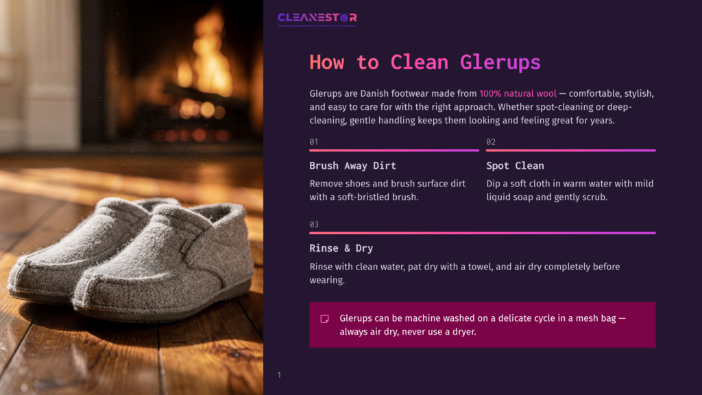 Cozy Grey Wool Glerups Slippers Sit On A Wooden Floor In Front Of A Warm, Glowing Fireplace, Suggesting Comfort And Home.