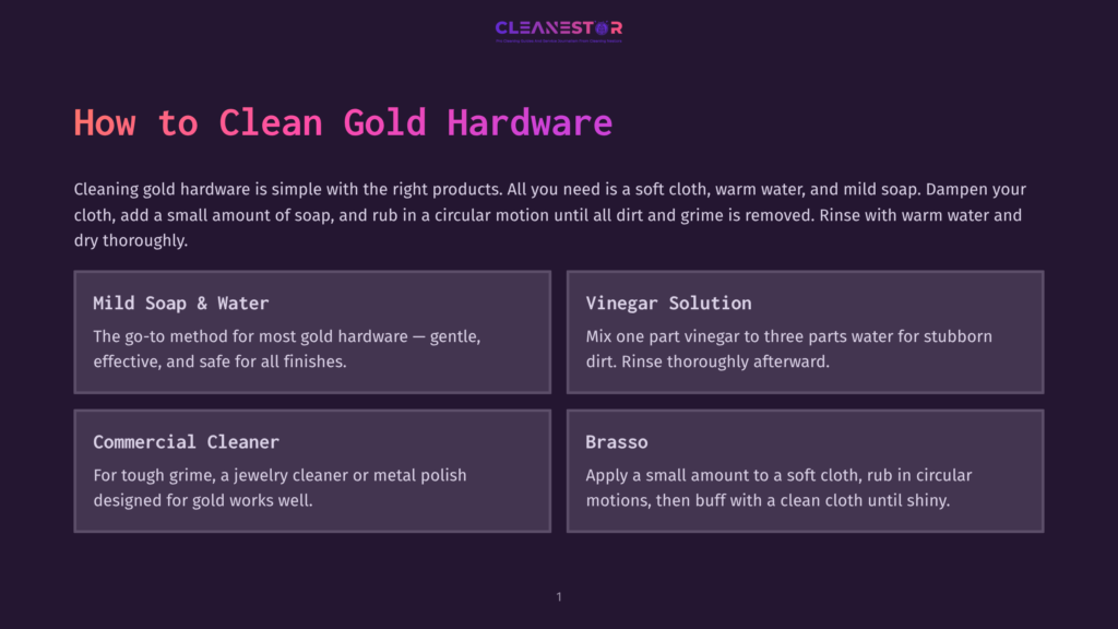 Infographic Titled &Quot;How To Clean Gold Hardware&Quot; With Four Cleaning Solution Options: Mild Soap &Amp; Water, Vinegar Solution, Commercial Cleaner, And Brasso. Includes Cleaning Tips And Instructions.