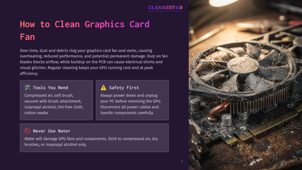 Close-Up Of A Dusty, Clogged Graphics Card Fan And Heatsink, Highlighting The Need For Cleaning To Prevent Overheating And Performance Issues. Text On The Left Reads &Quot;How To Clean Graphics Card Fan.