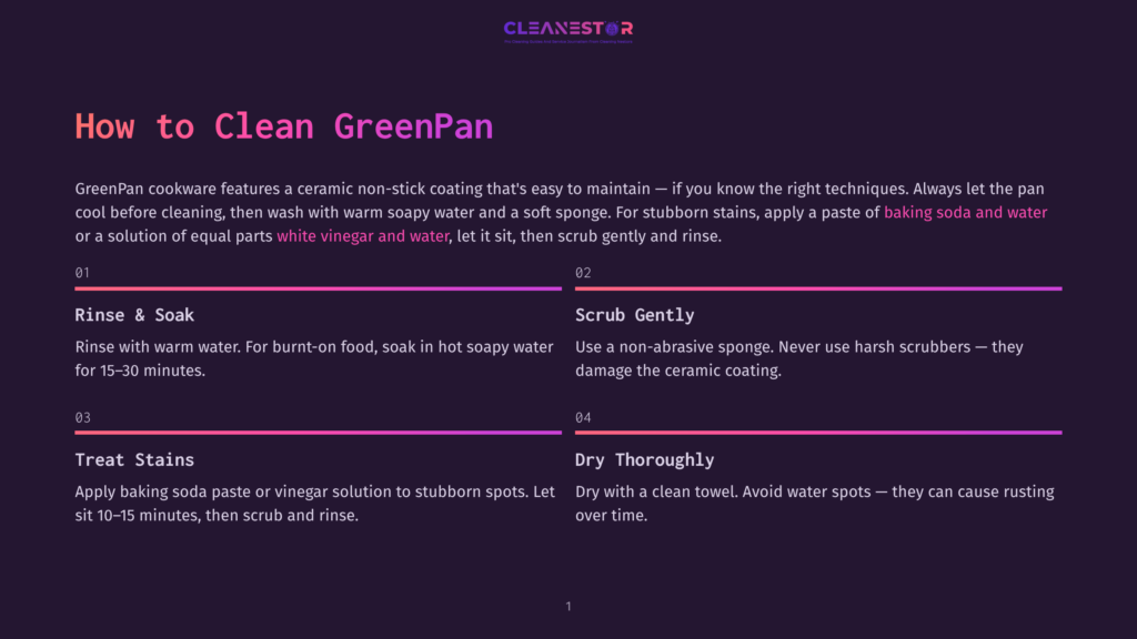 Greenpan Cookware Cleaning Guide: Rinse &Amp; Soak, Scrub Gently, Treat Stains, Dry Thoroughly With Text And Illustrations.