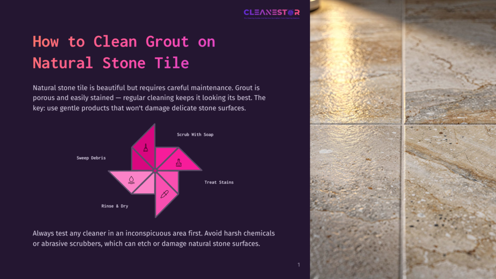 Diagram Illustrating How To Clean Grout On Natural Stone Tiles, With Steps Including &Quot;Scrub With Soap,&Quot; &Quot;Treat Stains,&Quot; &Quot;Rinse &Amp; Dry,&Quot; And &Quot;Sweep Debris.