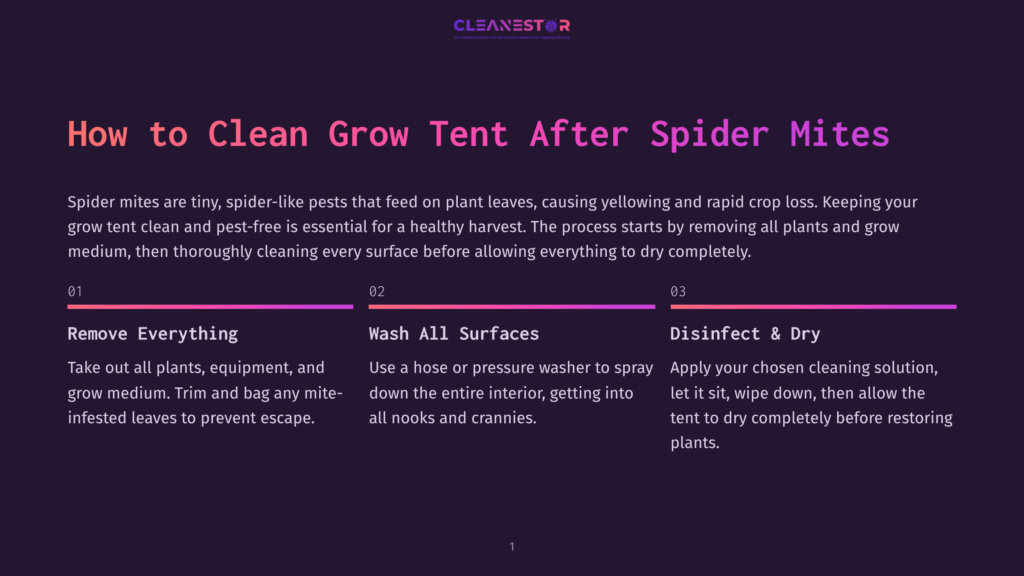 Infographic Titled &Quot;How To Clean Grow Tent After Spider Mites&Quot; Detailing Three Steps: Remove Everything, Wash All Surfaces, And Disinfect &Amp; Dry, With Accompanying Descriptions.