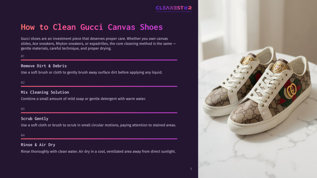 Gucci Canvas Shoes With Iconic Gg Logo And Red And Green Stripe Detail, Placed On A Marble Countertop.