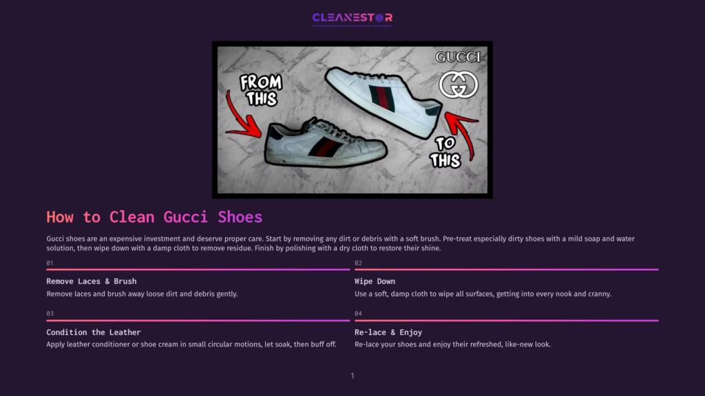 1 How To Clean Gucci Shoes From This To That: White Gucci Sneakers Being Cleaned On A Marble Surface, Illustrating A Shoe Cleaning Tutorial.