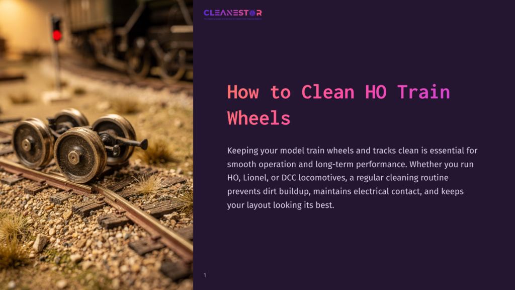 Close-Up Of A Model Train'S Ho Scale Wheels And Track, With A Red Signal Light Visible In The Background. The Text &Quot;Cleanestor&Quot; Is Present.