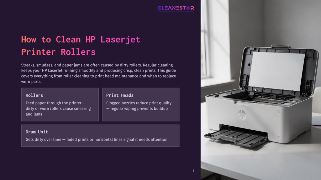 A White Hp Laserjet Printer Is Open With Its Lid Up, Revealing The Internal Rollers And Drum Unit, Ready For Cleaning.