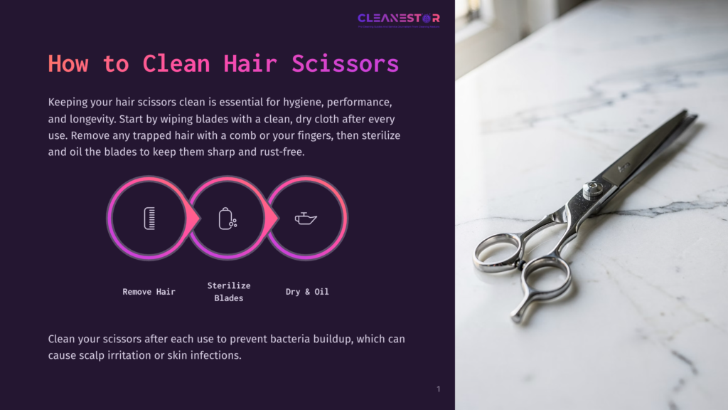 1 How To Clean Hair Scissors A Pair Of Silver Professional Hair Scissors Rests On A Marble Surface, Next To A Dark Purple Graphic Illustrating How To Clean Hair Scissors: Remove Hair, Sterilize Blades, And Dry &Amp; Oil.