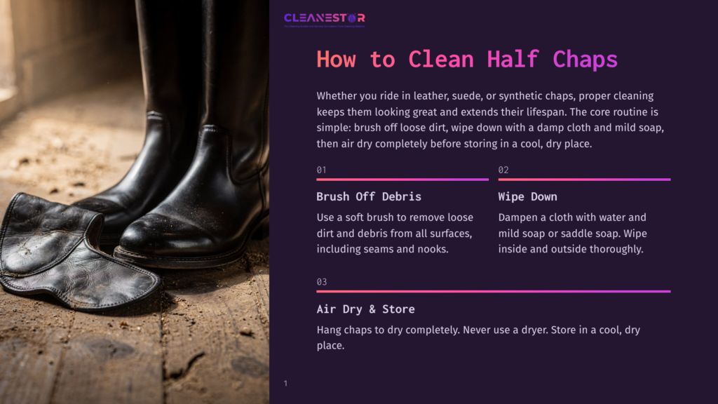 A Pair Of Black Leather Riding Boots And Half Chaps Rest On A Rustic Wooden Floor, Hinting At Equestrian Activities. The Cleanestor Logo Is Visible In The Top Left Corner.