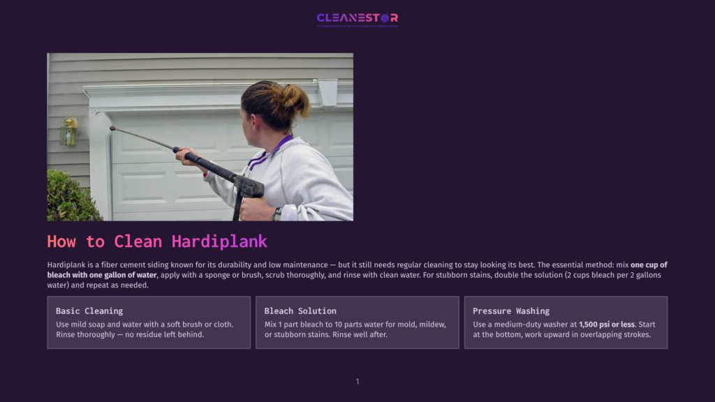 Woman Pressure Washing A Vinyl Siding House With A Cleaning Wand. The Text &Quot;How To Clean Hardiplank&Quot; Is Visible.