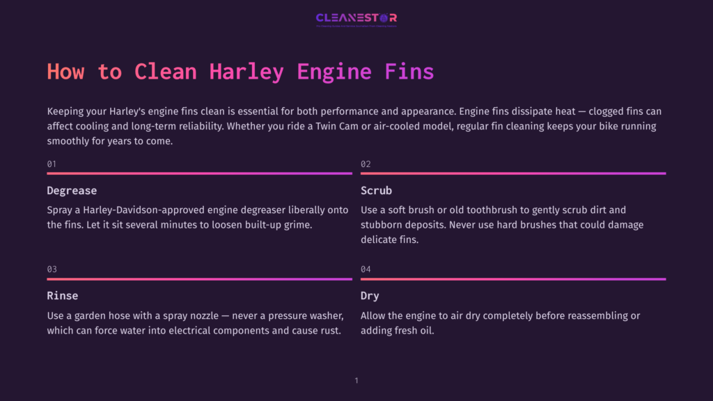 1 How To Clean Harley Engine Fins Infographic Titled &Quot;How To Clean Harley Engine Fins&Quot; With Numbered Steps: Degrease, Scrub, Rinse, Dry. Features Purple And Orange Gradient Lines Separating Steps.
