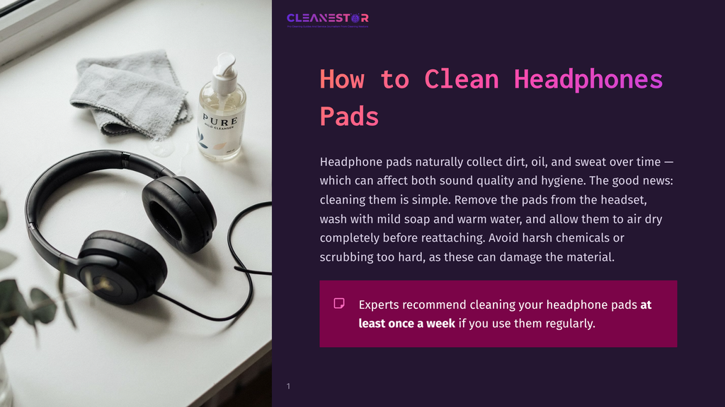 Black Over-Ear Headphones With Removable Pads Sit On A Windowsill Next To A Cleaning Spray Bottle And A Grey Cloth, Ready For Cleaning.