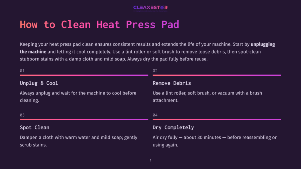 Infographic Titled &Quot;How To Clean Heat Press Pad&Quot; With Steps: Unplug &Amp; Cool, Remove Debris, Spot Clean, Dry Completely. The Background Is Dark With Purple And Pink Gradient Accents.