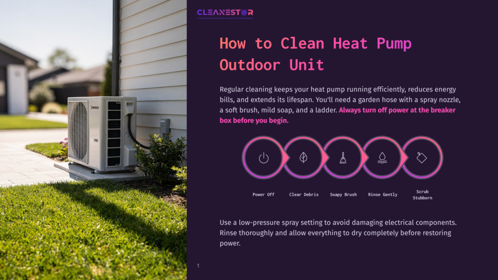 An Outdoor Heat Pump Unit Sits On A Well-Maintained Lawn Next To A House, With A Graphic Illustrating The Steps To Clean A Heat Pump: Power Off, Clear Debris, Soap, Rinse, And Scrub.