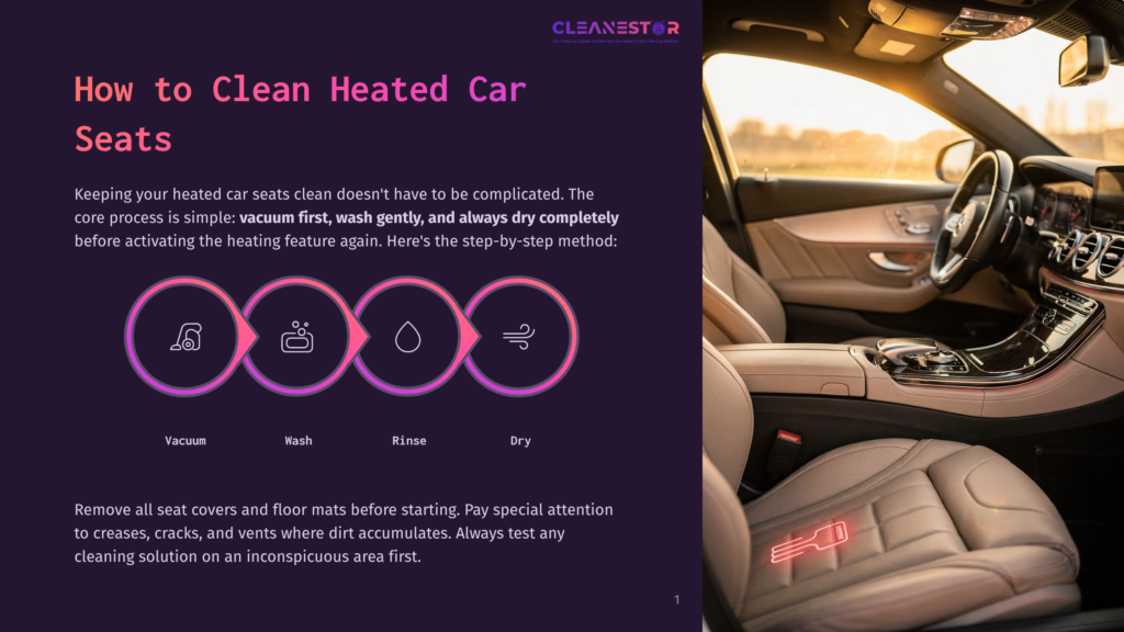Infographic Showing The Four Steps To Cleaning Heated Car Seats: Vacuum, Wash, Rinse, And Dry. The Text &Quot;How To Clean Heated Car Seats&Quot; Is Prominent.