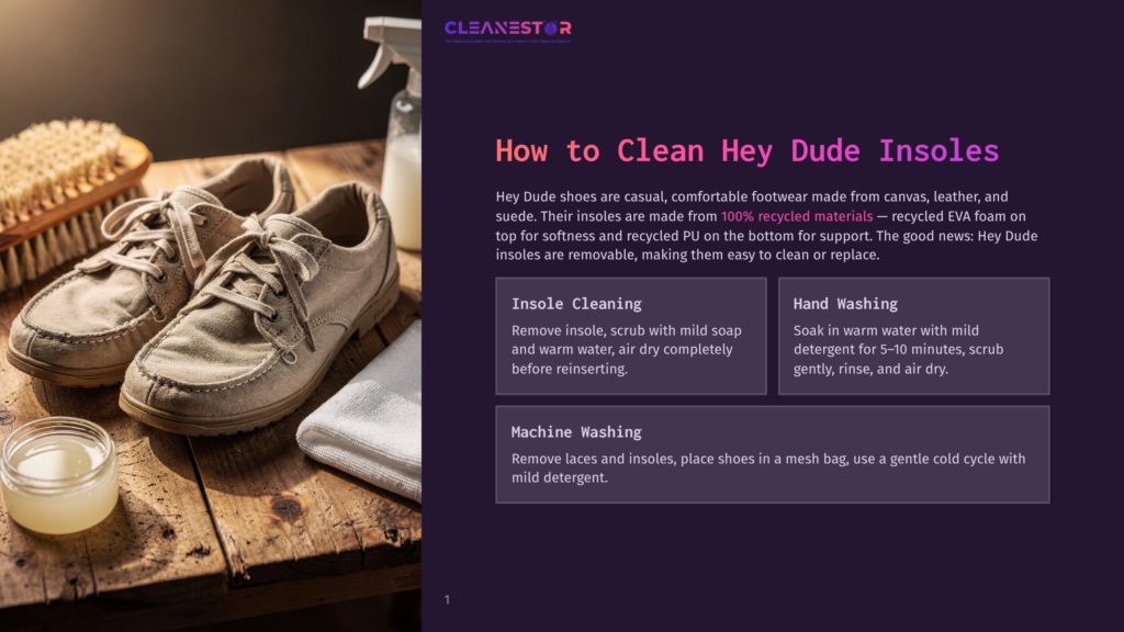 A Pair Of Casual Hey Dude Shoes Sits On A Wooden Surface Next To A Cleaning Brush, A White Cloth, And A Small Bowl Of Cleaning Solution. The Image Demonstrates How To Clean Hey Dude Insoles And Shoes.