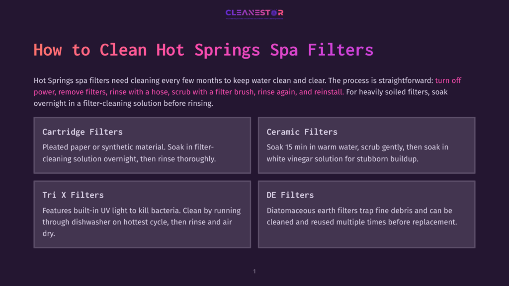 1 How To Clean Hot Springs Spa Filters Cleanestor Logo Above Text Detailing How To Clean Hot Springs Spa Filters, Including Cartridge, Ceramic, Tri X, And De Filters.