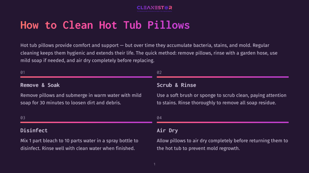 A Graphic Titled &Quot;How To Clean Hot Tub Pillows&Quot; From Cleanestor, Detailing Four Steps: Remove &Amp; Soak, Scrub &Amp; Rinse, Disinfect, And Air Dry.