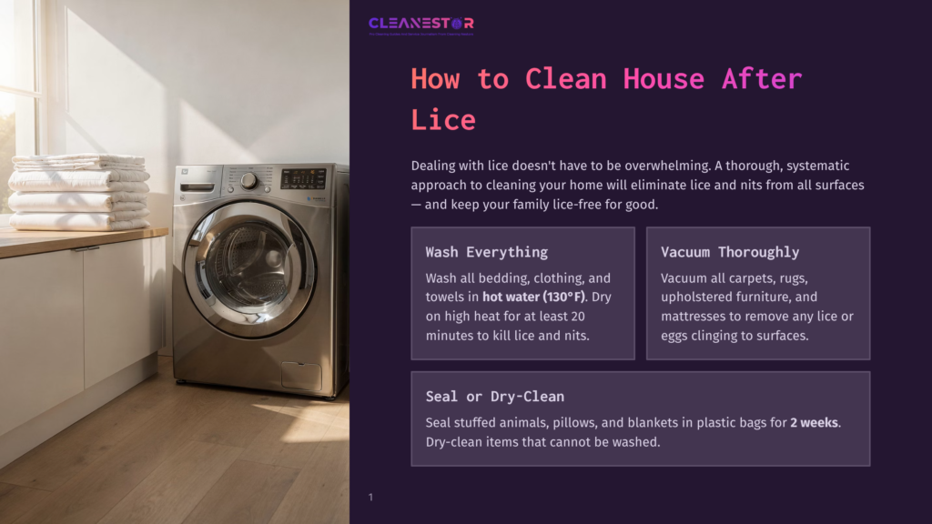 A Modern Laundry Room With A Large Stainless Steel Washing Machine And A Stack Of Neatly Folded White Towels On A Wooden Countertop. The Text &Quot;Cleanestor How To Clean House After Lice&Quot; Is Overlaid On The Image.