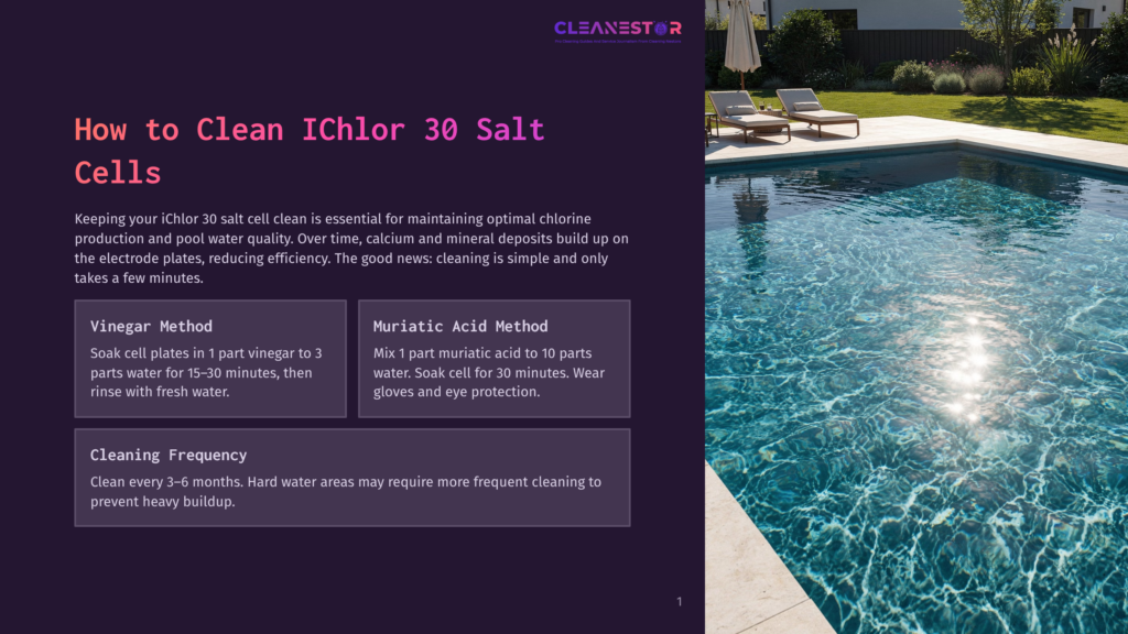 A Sparkling Swimming Pool With Clear Blue Water Reflects The Bright Sun, With Lounge Chairs And Lush Green Landscaping In The Background. Text Overlay Reads &Quot;Cleanestor&Quot; And &Quot;How To Clean Ichlor 30 Salt Cells&Quot;.