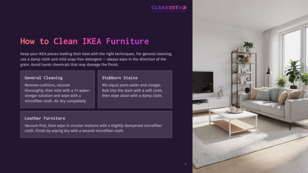 A Modern Living Room Features A Light Gray Sectional Sofa, A White Coffee Table, And A Tv Stand With A Television, Bathed In Natural Light From A Large Window. Text Overlay Reads &Quot;Cleanestor&Quot; And &Quot;How To Clean Ikea Furniture.