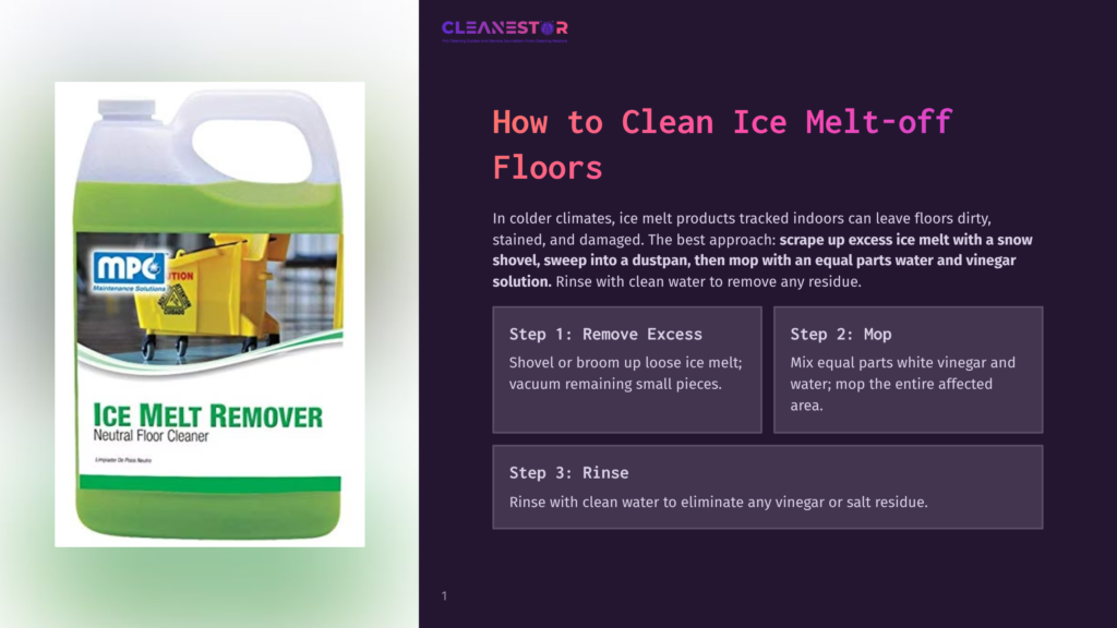 A Bottle Of Ice Melt Remover, A Neutral Floor Cleaner With A Green Label, Is Shown In Front Of A Background Of A Yellow Trash Bin.