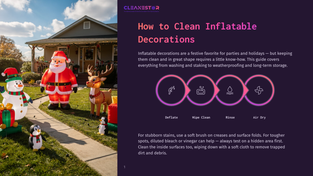 1 How To Clean Inflatable Decorations Inflatable Christmas Decorations, Including Santa, A Snowman, And A Reindeer, Stand On A Lawn In Front Of A House. A Guide Titled &Quot;How To Clean Inflatable Decorations&Quot; Is Displayed On The Right.