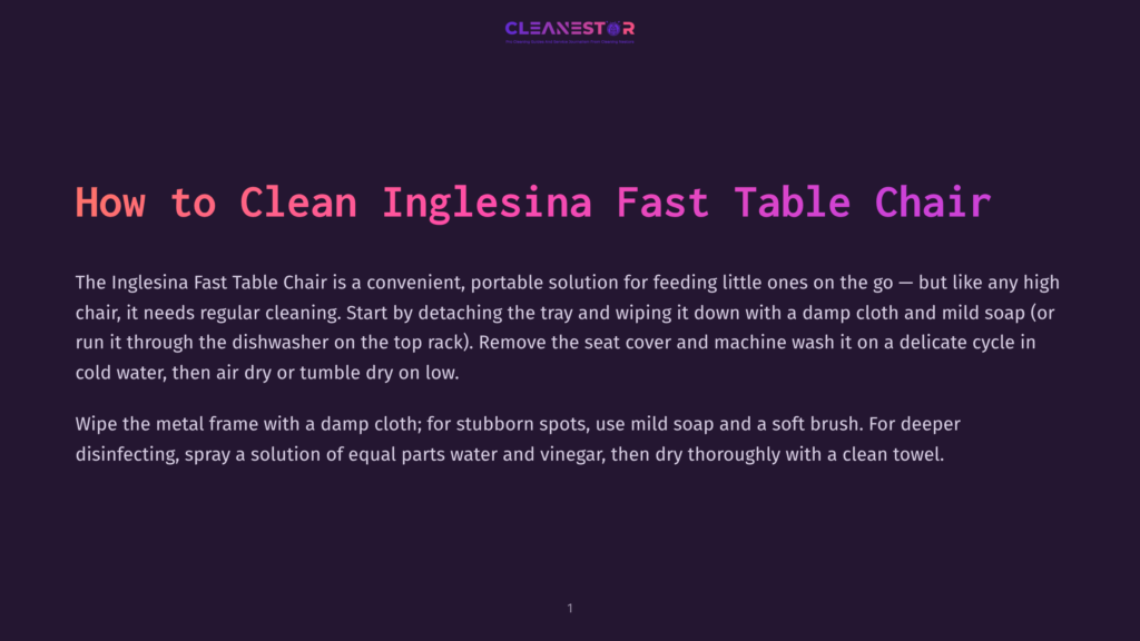 1 How To Clean Inglesina Fast Table Chair Title Card For &Quot;How To Clean Inglesina Fast Table Chair&Quot; With The Brand Logo Cleanestor Above The Title And A Dark Purple Background.