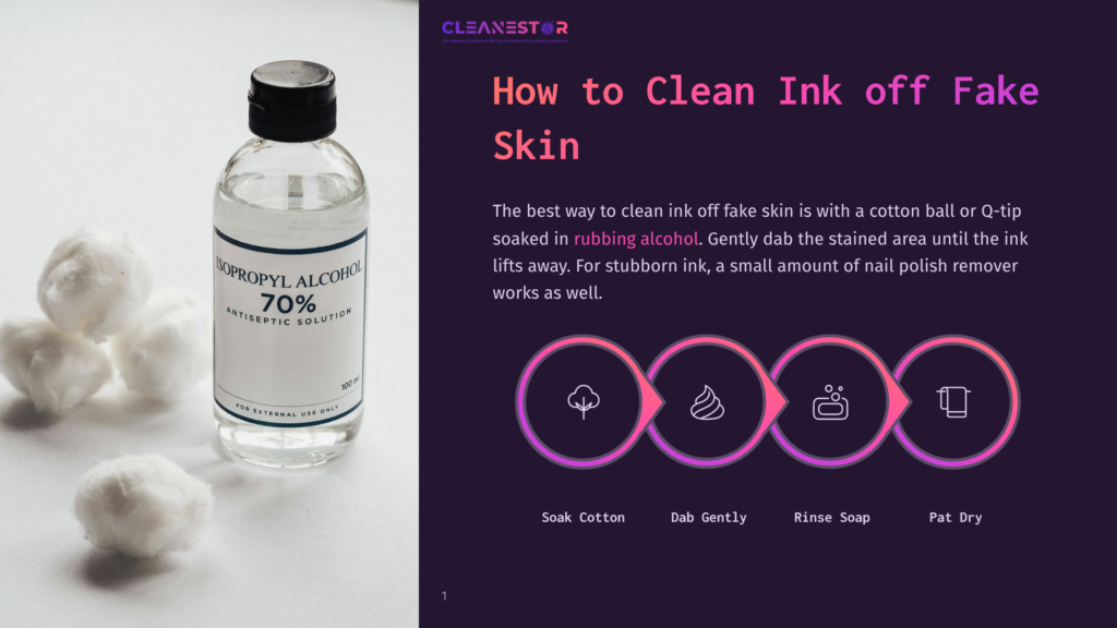 A Bottle Of 70% Isopropyl Alcohol Antiseptic Solution Sits Next To Cotton Balls, With A Graphic Overlay Detailing How To Clean Ink Off Fake Skin Using Rubbing Alcohol, Soap, And Water.