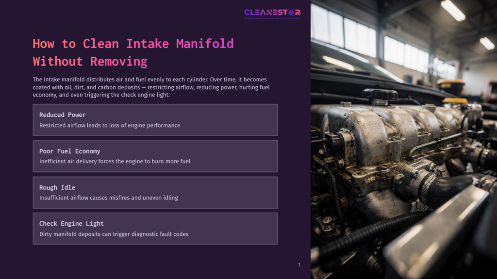 Close-Up Of A Dirty Car Intake Manifold With Visible Oil, Dirt, And Carbon Deposits. Text Overlay: &Quot;How To Clean Intake Manifold Without Removing&Quot;.