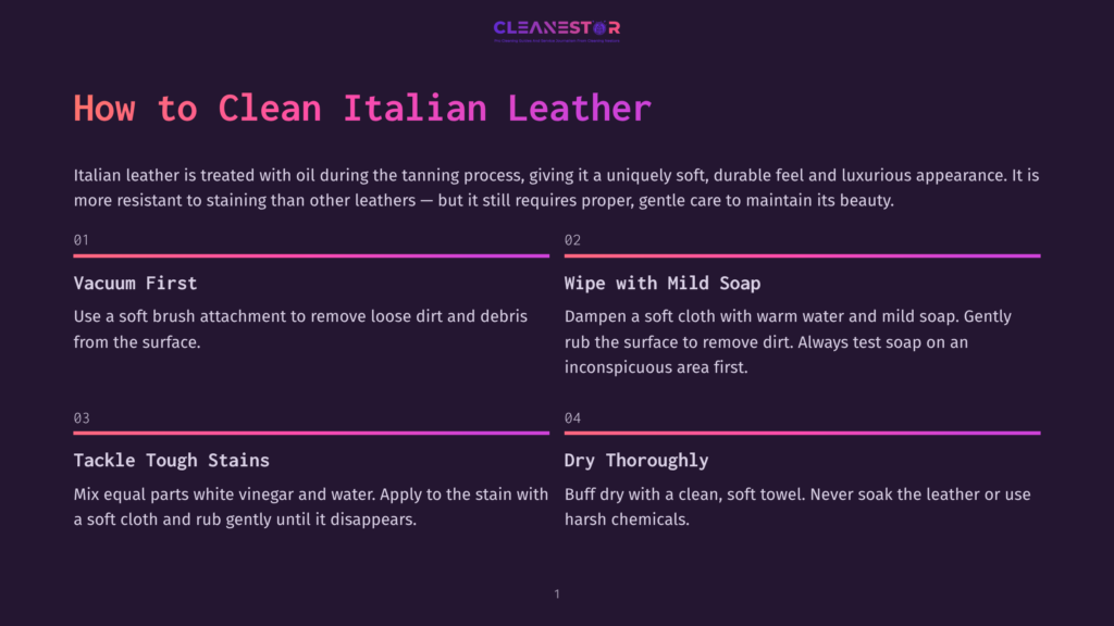 Infographic Titled &Quot;How To Clean Italian Leather&Quot; Detailing Steps: Vacuum First, Wipe With Mild Soap, Tackle Tough Stains, Dry Thoroughly. Features A Clean, Modern Design With Purple And Pink Accents.