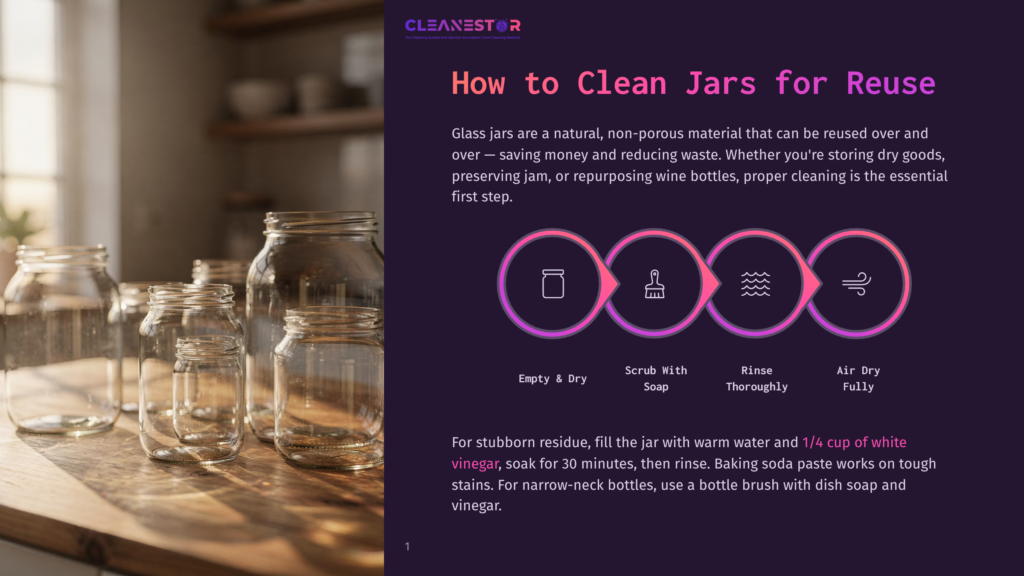 1 How To Clean Jars For Reuse Glass Jars Of Various Sizes Sit On A Wooden Table In Front Of A Blurred Background, With Text Overlaying The Image: &Quot;Cleanestor How To Clean Jars For Reuse&Quot;.