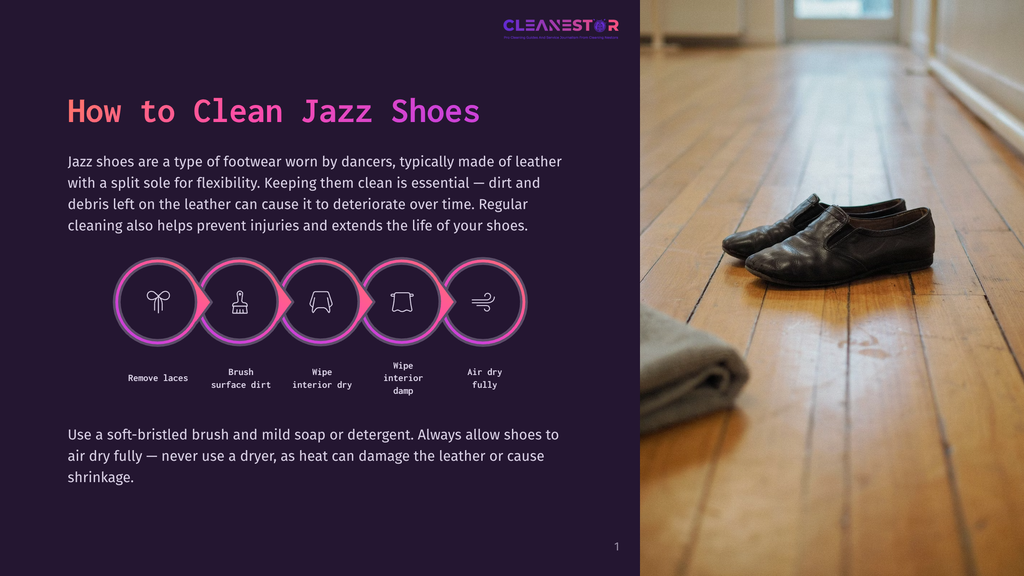 A Dark Purple Graphic Titled &Quot;How To Clean Jazz Shoes&Quot; Illustrates A Step-By-Step Cleaning Process With Icons For Removing Laces, Brushing, Wiping Interior, And Air Drying. Below, A Pair Of Worn Brown Leather Jazz Shoes Rests On A Polished Wooden Floor Next To A Folded Grey Towel.