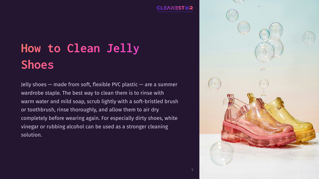 1 How To Clean Jelly Shoes Pink And Yellow Jelly Shoes Sit On A White Surface With Soap Bubbles Floating Around Them, Against A Light Blue Background.