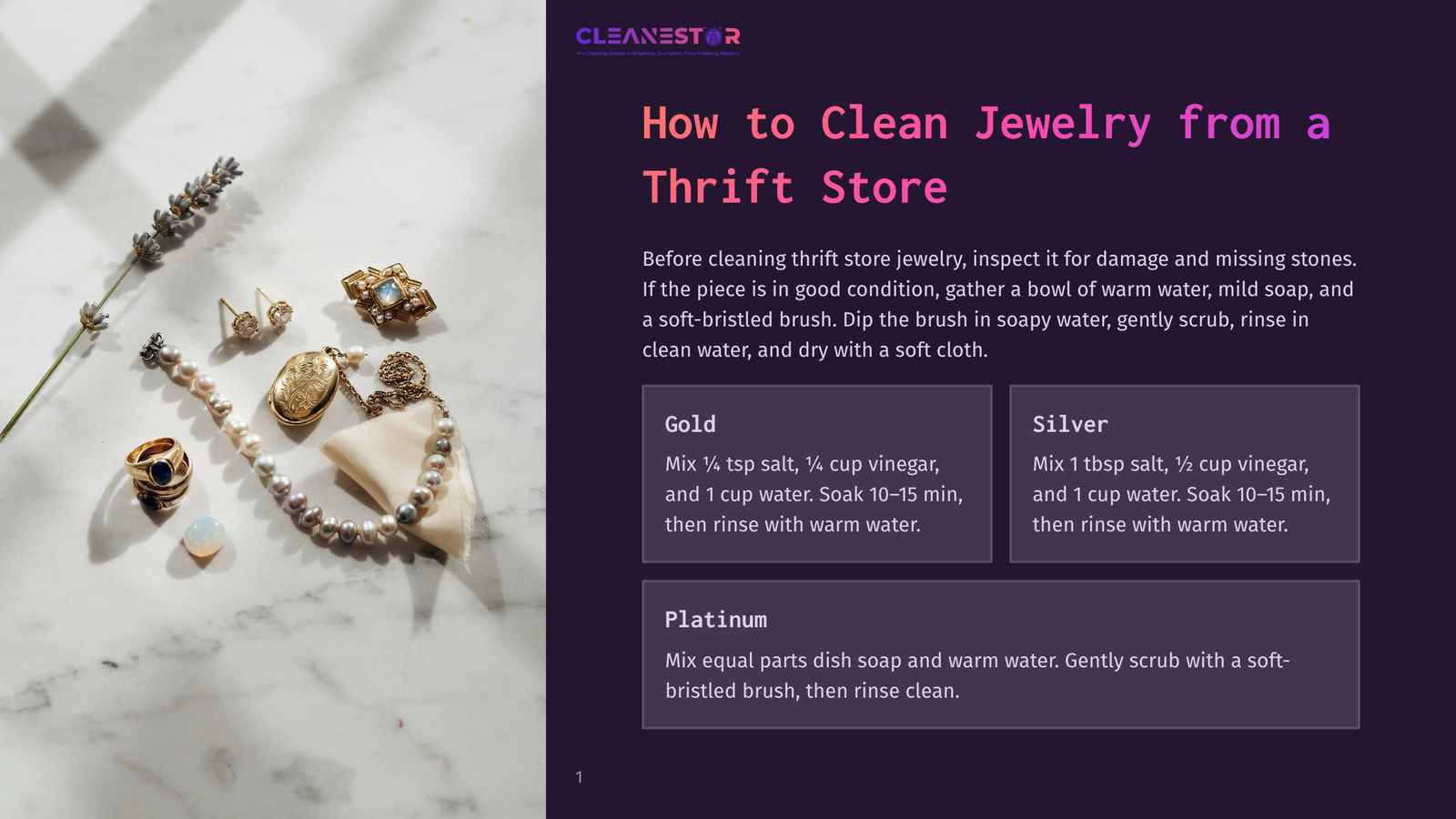 A Collection Of Vintage Jewelry, Including Gold Rings, A Pearl Necklace, And Ornate Earrings, Rests On A Marble Surface Next To Sprigs Of Lavender. The Jewelry Is Artfully Arranged, Suggesting A Showcase Of Thrift Store Finds Ready For Cleaning.