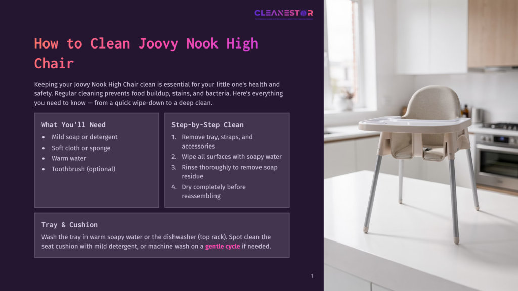 A Modern, Beige Joovy Nook High Chair Is Shown In A Clean, Bright Kitchen Setting. The High Chair Features A Removable Tray And A Soft Cushion, Ready For Mealtime Cleaning.