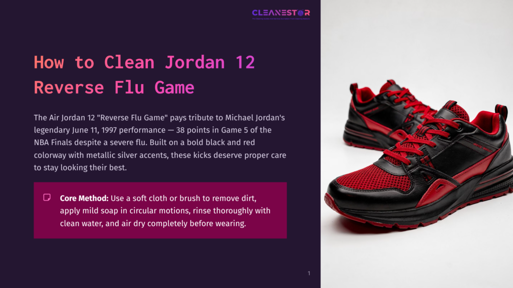 Air Jordan 12 &Quot;Reverse Flu Game&Quot; Sneakers In Black And Red, With Mesh Detailing And Silver Accents, Displayed On A Dark Background.