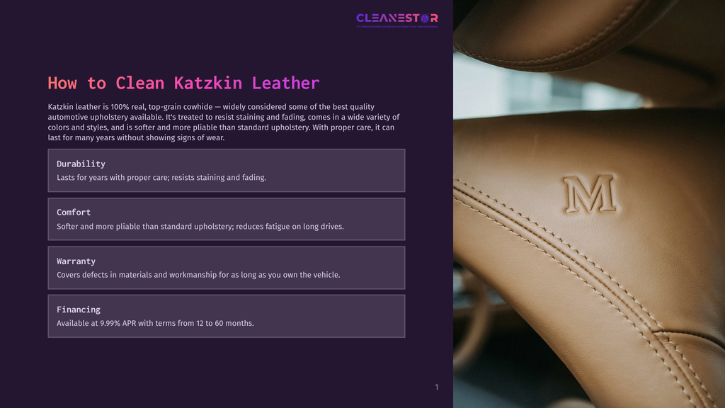 Close-Up Of Tan Katzkin Leather Upholstery With The &Quot;M&Quot; Logo Embossed On The Seat. The Leather Has A Visible Stitch Pattern And A Luxurious Sheen, Hinting At High-Quality Automotive Interiors.