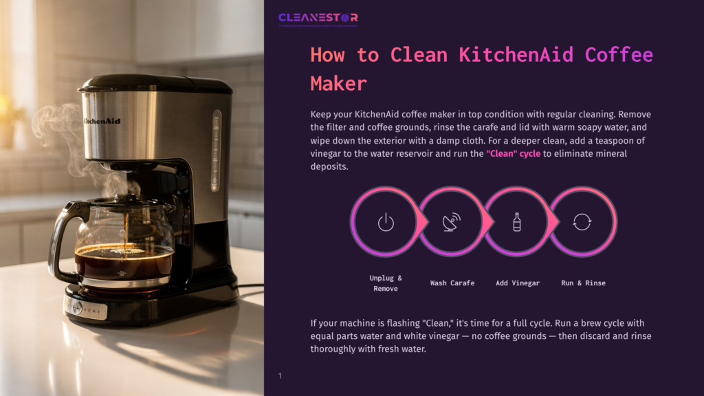 A Kitchenaid Coffee Maker Brews Coffee In A Modern Kitchen, With Steam Rising From The Carafe. Text Overlay Provides Instructions On How To Clean A Kitchenaid Coffee Maker.