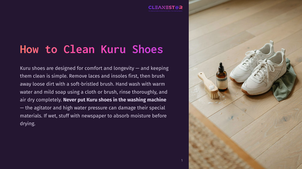 White Kuru Shoes Are Cleaned With A Brush And Cleaning Solution On A Light Wood Floor, With A Cloth In The Background. The Text &Quot;Cleanestor&Quot; Is Visible At The Top.