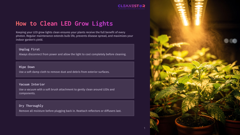 A Close-Up Of Lush Green Cannabis Plants Under Bright Led Grow Lights, With Text Overlay &Quot;How To Clean Led Grow Lights&Quot; And Cleaning Instructions.