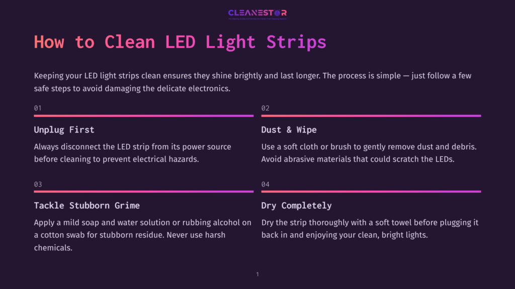 Infographic Titled &Quot;How To Clean Led Light Strips&Quot; With Four Steps: Unplug First, Dust &Amp; Wipe, Tackle Stubborn Grime, And Dry Completely, Presented On A Dark Purple Background With Pink And Purple Accents.