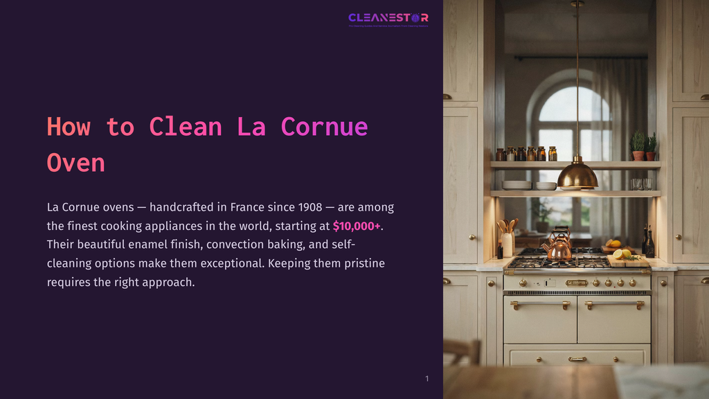 1 How To Clean La Cornue Oven A Luxurious La Cornue Oven, A Handcrafted French Cooking Appliance, Is Showcased In A Beautifully Designed Kitchen. The Oven Features An Elegant Cream Enamel Finish And Brass Accents, With Shelves Of Ingredients And Cookware Visible On The Wall Behind It.