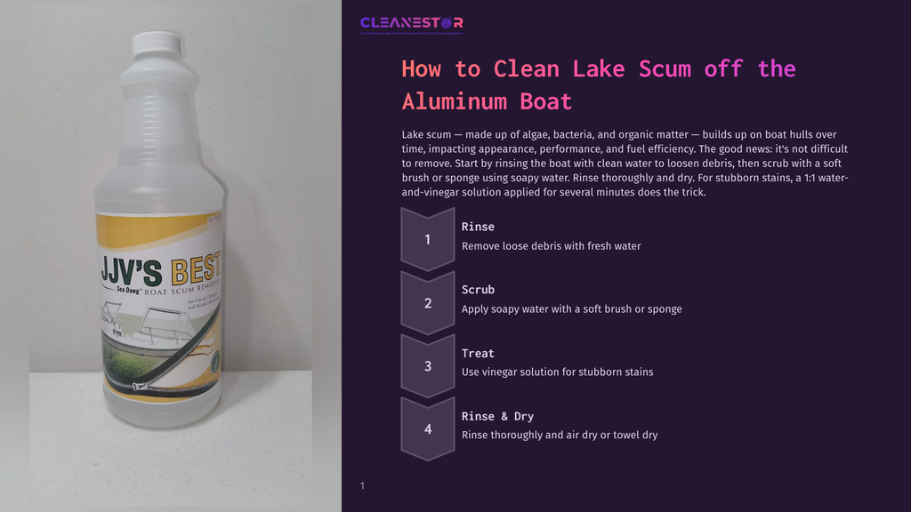 1 How To Clean Lake Scum Off The Aluminum Boat A Large White Plastic Bottle Of Jj'S Best Sea Scum Remover For Aluminum Boats, With A Yellow And White Label, Stands On A White Background.
