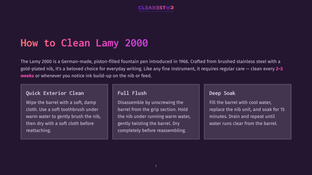 1 How To Clean Lamy 2000 Illustration Detailing How To Clean A Lamy 2000 Fountain Pen, With Three Sections: &Quot;Quick Exterior Clean,&Quot; &Quot;Full Flush,&Quot; And &Quot;Deep Soak,&Quot; Offering Step-By-Step Instructions.