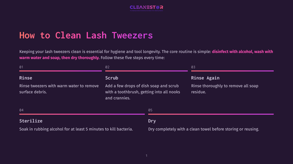 Infographic Titled &Quot;How To Clean Lash Tweezers&Quot; With Five Steps: Rinse, Scrub, Rinse Again, Sterilize, And Dry. The Graphic Uses A Purple And Pink Gradient Background.