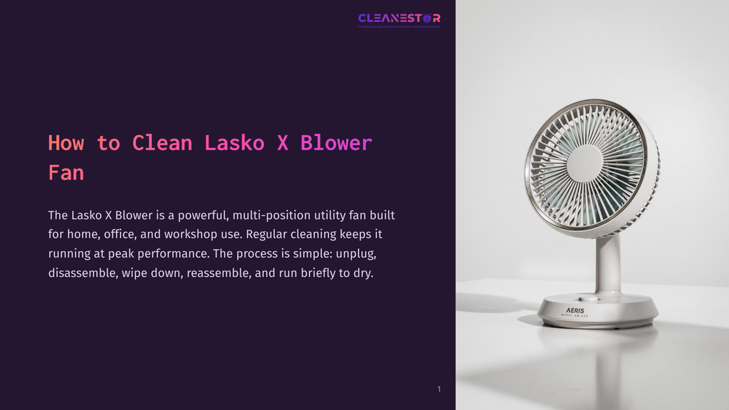 A Silver Lasko X Blower Fan With A White Grill Sits On A White Surface. The Fan Is Angled Slightly Towards The Viewer, With Its Base And Power Cord Visible. The Text &Quot;Cleanestor&Quot; Is Visible At The Top Of The Image.