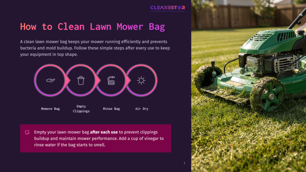 A Green Lawn Mower Sits On A Grassy Lawn With A Collection Of Grass Clippings. To The Left, A Graphic Illustrates How To Clean A Lawn Mower Bag: Remove, Empty, Rinse, And Air Dry.