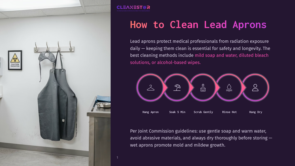 A Gray Lead Apron Hangs On A Hook Next To A Radiation Caution Sign, With Instructions On How To Clean Lead Aprons Displayed On A Dark Purple Background.
