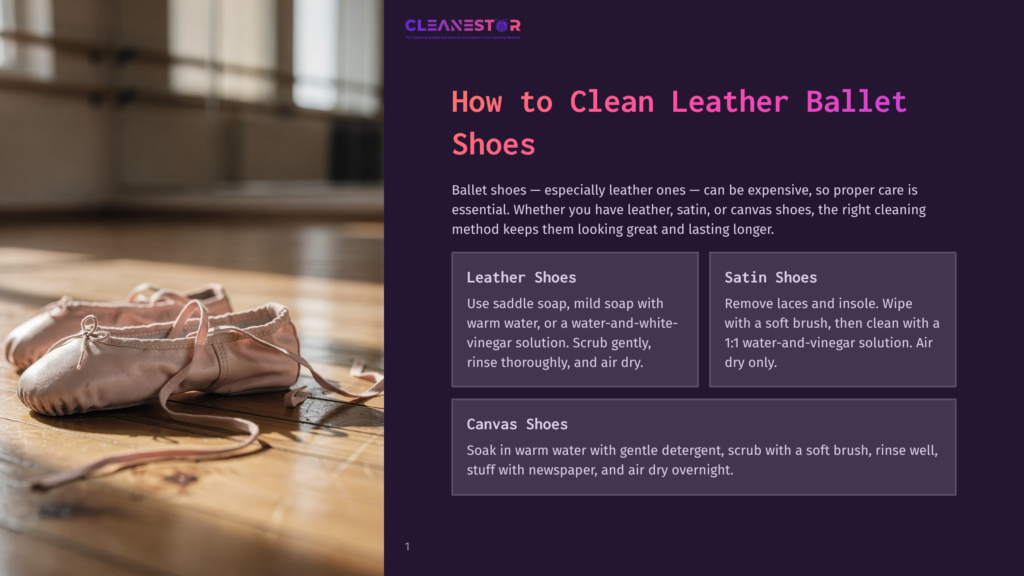 Two Pairs Of Ballet Shoes On A Wooden Surface: One Pair Of Leather Ballet Shoes With Saddle Soap And One Pair Of Satin Ballet Shoes With A Soft Brush, Emphasizing The Importance Of Cleaning Methods For Leather And Satin Ballet Shoes.